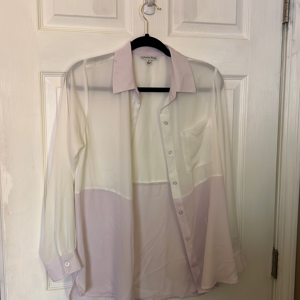 Ophelia Roe Color bock purple and white long sleeve blouse